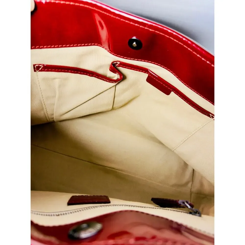 Authentic Burberry Heart Nova Check Tote Bag Coated Canvas Red Patent Trim Charm